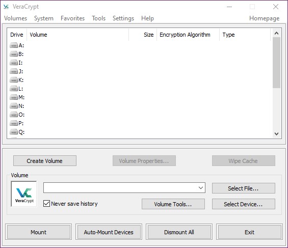 Pantalla inicial Veracrypt